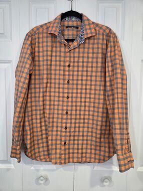 Hammer Made Men's Button Down Shirt 41/16 Orange and Blue Plaid